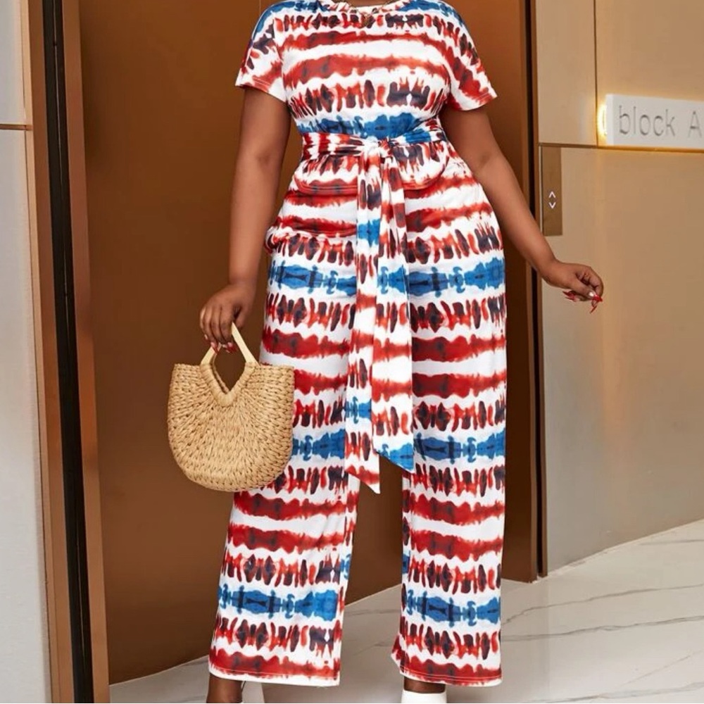 Plus Tie Dye Belted Tee & Wide Leg Pants